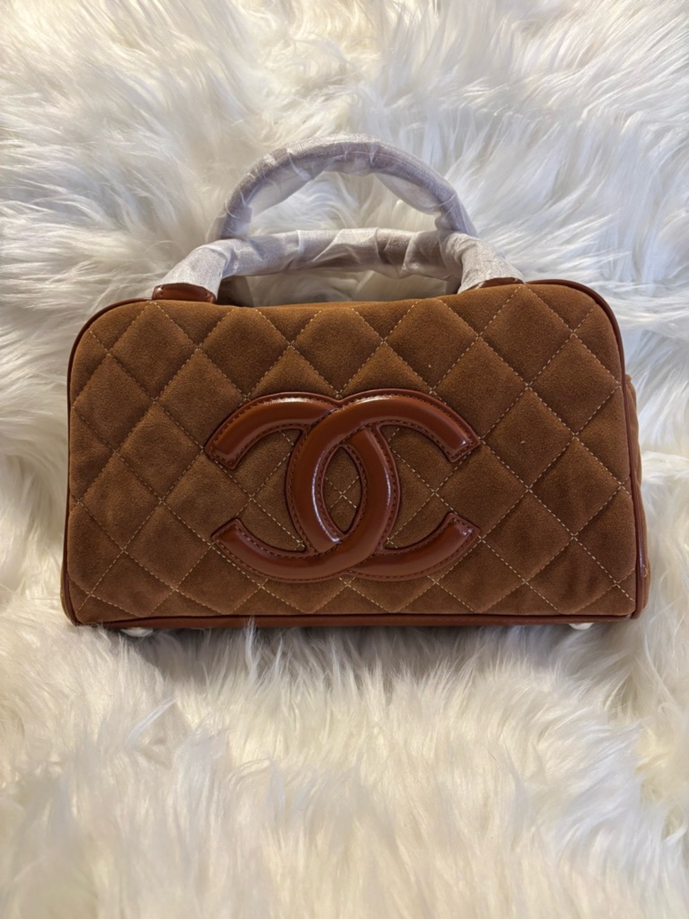 Brown Quilted Suede Top-Handle Satchel with Patent CC Logo